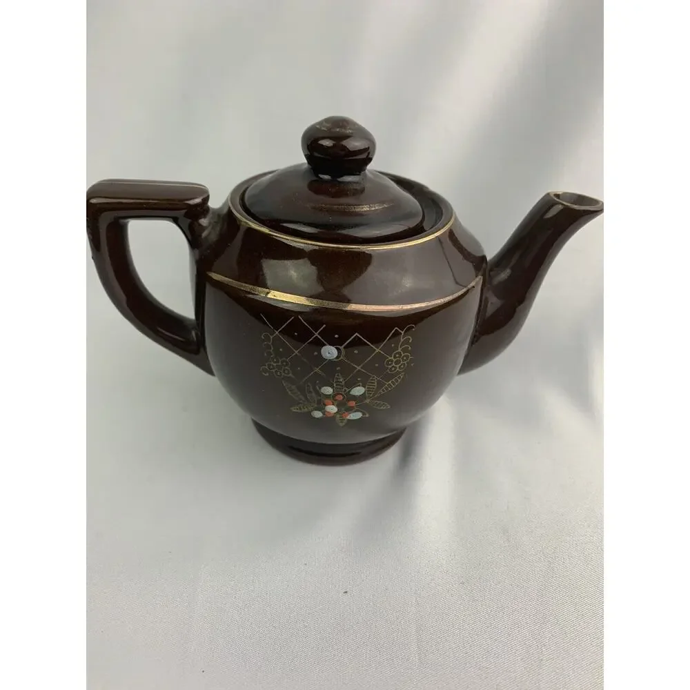 Vintage Brown Teapot Japan Redware Petite Pottery Moriage Style Enamel 4.5
